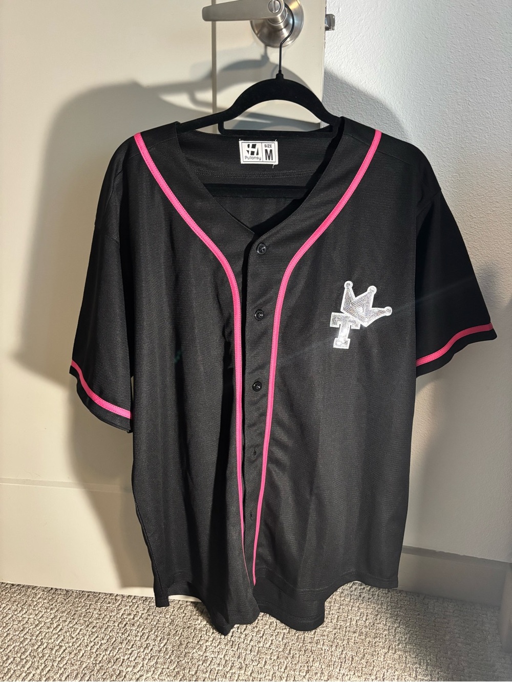 Tate Mcrae custom Black Baseball Jersey with Pink Trim and Crown Logo